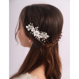 Teyglen White Flower Wedding Hair Clips Crystal Pearl Bridal Hair Barrette for Bride Rose Gold Leaf Headpiece Rhinestone Hair Piece for Women (Rose gold)