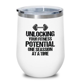 Luxe Gifting Personal Trainer White Edition Wine Tumbler 12oz - Unlocking Fitness Potential - Fitness Instructor Workout Coach Exercise Lover Cardio Lover Gym Coach