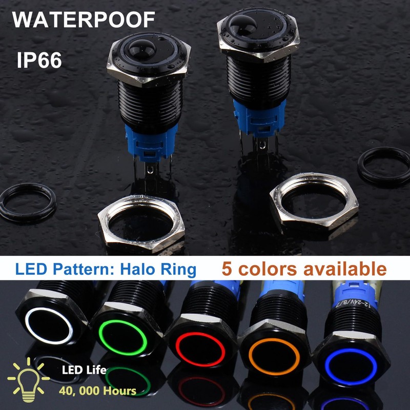 DMWD 2PCS 16MM Latching Push Button Switch Ring Led 12V-24V