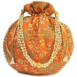 Radhykrishnafashions Indian Women 1 PC Wedding Potli Bag For Women Ethnic Designer Embroidery Work Batwa Pearls Handle With Intricate (Orange)