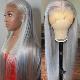 GJRainDY Grey Lace Front Wig Synthetic Straight Sliver Long Hair Wigs for Women Pre Plucked with Natural Hariline for Fashion Women Heat Resistant Hair Gray Glueless Synthetic Lace Wig