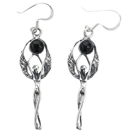 WINDALF Fairy Earrings MYFANWY 4 cm Elves with Onyx Vintage 925 Sterling Silver, Fabric jewellery bag, Onyx