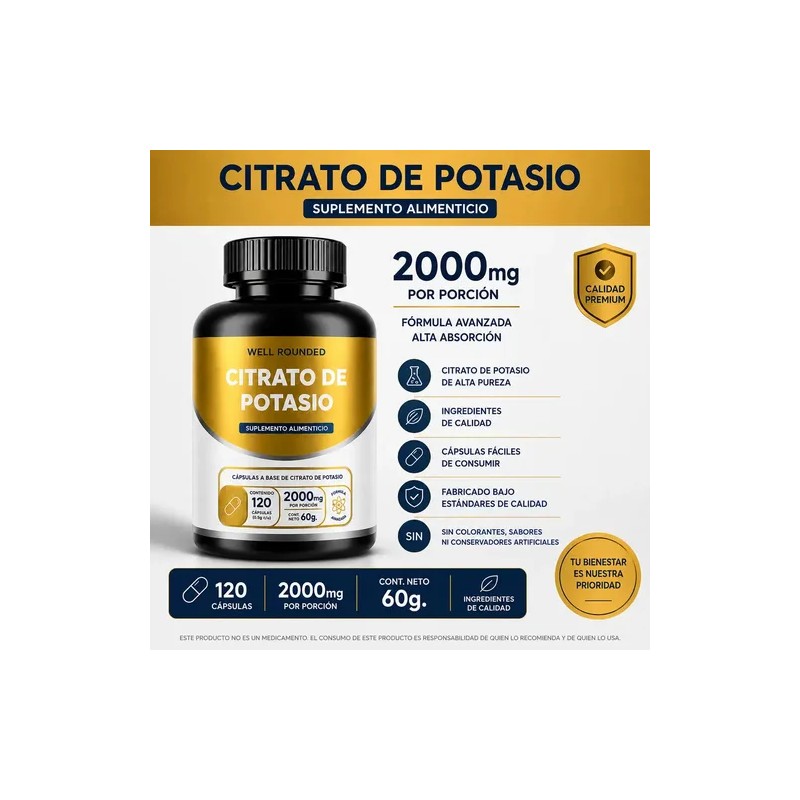 Citrato Potasio 120 Cápsulas Well Rounded 2000mg Porción Sabor
