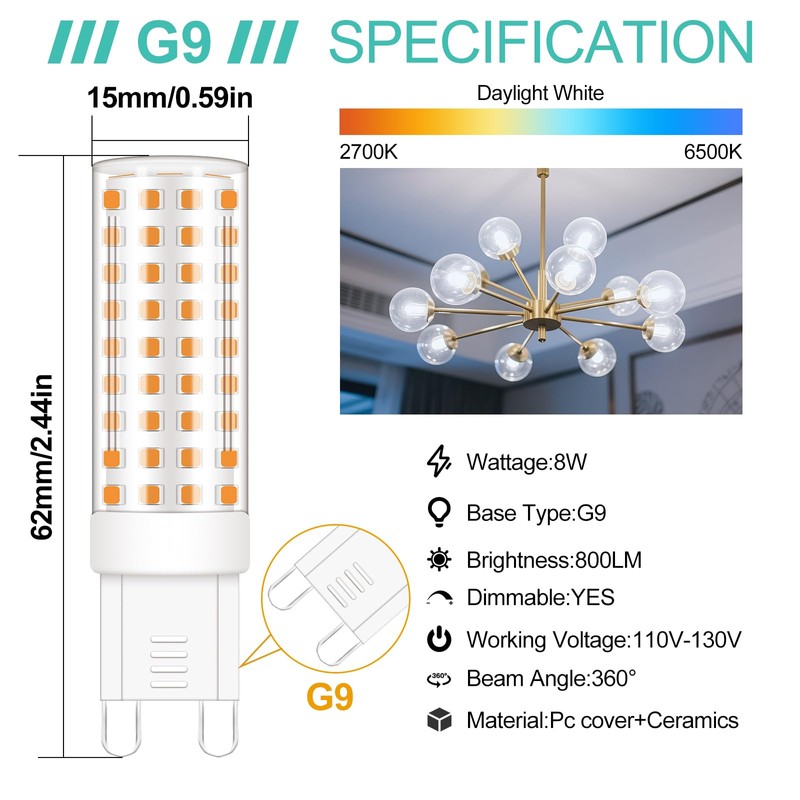 ZHENMING Dimmable G9 LED Bulb 60W 75W 80W Halogen Equivalent,