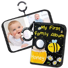Baby Photo Album Soft Cloth Book - My First Photo Album for Baby with Safe Mirror, Bee Themed Picture Book, Holds 17 4x6 Photos, Sensory Baby Memory Book