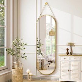 HARRITPURE Full Length Mirror Oval Hanging Mirror 16"x48" with Leather Strap Aluminum Frame Wall-Mounted Hanging Mirrors for Bathroom Vanity Living Room Bedroom Entryway, Gold