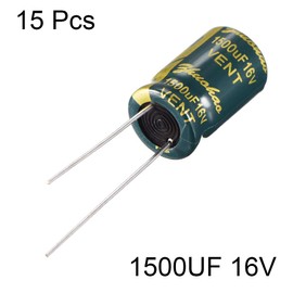 sourcing map Aluminum Radial Electrolytic Capacitor Low ESR Green with 1500UF 16V 105 Celsius Life 3000H 10 x 17 mm High Ripple Current,Low Impedance 15pcs