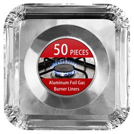 FASOTY Aluminum Foil Gas Stove Burner Liners, 50 Pack Stove Burner Covers Disposable Square Stove Bib Liners Gas Rangetop Protectors Cooktop Replacement Keep Stove Clean Square 8.5"