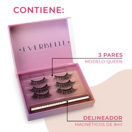 Everbelle Kit 3 Pares Pestañas Postizas Magnéticas Modelo QUEEN Máximo Volumen. Reusables hasta 30 veces, SIN Pegamento. Incluye Delineador Magnético Líquido 8ml.