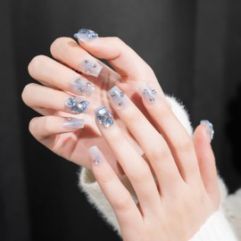 Press On Nails Short -Acrylic Nail Kit with Nail Tips Silver Glitter Rhinestones Design Glossy Cute Press On Nails Blue French Tip Press On NailsValentine Nails(L)