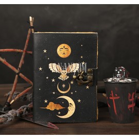 ANANYOM Handmade Leather Journal, Black, Sun & Moon Design, 7 x 5 Inch, 200 Unruled Pages, Hand Embossed, Deckle Edge Paper, Brass Clasp Lock, Vintage Notebook Diary, Sketchbook for Artists & Writers