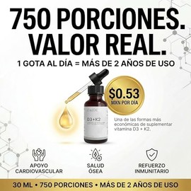 CellX | Vitamina D3 + K2 MK-7 en Gotas | Alta Absorción con Aceite MCT | 750 Porciones | Apoyo a Huesos y Calcio | Suplemento Alimenticio | 30 ml