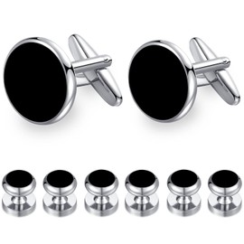 Cufflinks And Studs Honey Bear, Stainless Steel Silver, Black Onyx, Set of 6pcs For Men Shirts Tuxedo Wedding Gift