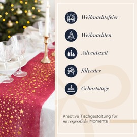 100%Mosel Non-Woven Table Runner, Bordeaux Red, Stars in Gold (28 cm x 5 m), Decorative Table Runner, Elegant Table Decoration for Christmas and Advent
