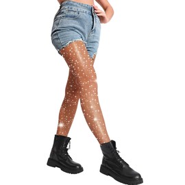 DancMolly Ultra Durable Sparkly Fishnet Stockings High Waist Sparkle Rhinestone Tights Party Concert Outfit for Women 1 Pair (Coffee - Small Hole, 2XL-4XL)