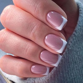 Jremg White French Tip Press Nails Short Square False Nails Glossy Nude Pink Full Cover Glue on Nails Classic Natural Stick on Nails Reusable French False Nails for Women Girls Manicure Decor 24pcs