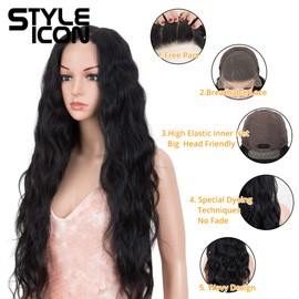 Style Icon Easy-360 Lace Wigs 30" Free Part Lace Frontal Wigs Long Water Wave Wig Black Synthetic Wig (30 Inches, 1B)