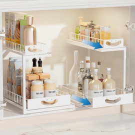 Under Sink Organizer, 2 Pack Pull Out Kitchen Cabinet Organizer Metal Slide Out Shelves, 2 Tier Sliding Cabinet Basket Organizer Drawer, Bathroom Organizers and Storage Pantry Closet Organization Rack