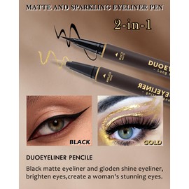 Black Gold Liquid Eyeliner Makeup Pen 2-in-1,Metallic Shimmer Glitter Eyeliner Pencil Waterproof Smudge Proof, Long Lasting High Pigmented Colored Matte Eye liner with Ultra-Fine Tip,Gift for Women-02