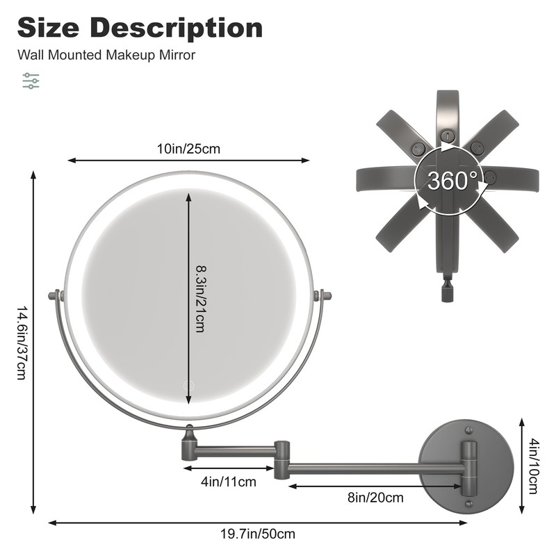 Hasipu 10-Inch Wall Mounted Makeup Mirror with Magnification, Rechargeable 3000