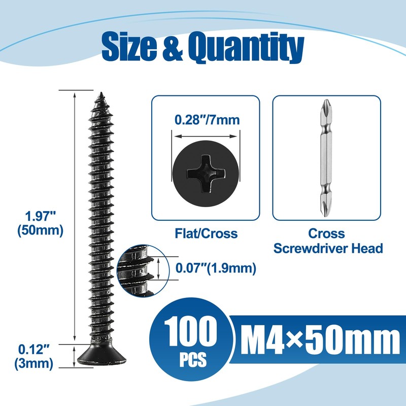 ANCHOREASE M4×50mm Wood Screw 100Pcs, Black Carbon Steel Self Tapping