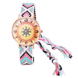 JewelryWe Womens Woven Braided Watch: Round Flower Dial Quartz Wristwatch Handmade Ethnic Adjustable Drawstring Weave Bracelet Watch