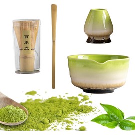 XIULIUU Matcha Tea Set, 4 Pcs Set Matcha Tool, Matcha Whisk and Bowl Ceremony Accessory Kit, Matcha Bowl, Matcha Bamboo, Whisk Scoop Sifter, Matcha Whisk Holder(Kiln Green)