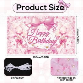 BOXOB Pink Bow Happy Birthday Backdrop, 6x3.6ft Bow Happy Birthday Banner Coquette Party Decorations for Women Girls Baby Shower Bachelorette Party