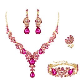 EVER FAITH Rhinestone Crystal Wedding Flowers Wave Teardrop Necklace Earrings Set, Crystal