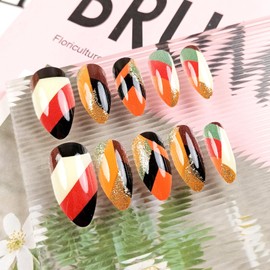 Autumn Press on Nails Fall Stick on Nail 24Pcs Thanksgiving Press ons Fingernails Glossy Gold Glitter Medium Almond False Nail Colorful French Tips Gel Glue on Acrylic Fake Nails for Holiday Gift
