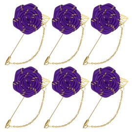 M METERXITY 6-Pack Rose Brooch Pin Cloth Rose Flower with Gold Leaf Brooch, Rose Flower Lapel Pin for Men Wedding Accessories/Suit Tuxedo Corsage Wedding Party Brooch [Dark Purple]