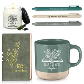 Baderke Book Lover Gift for Women Men 6 Pcs Bookish Reading A6 Notebook Ballpoint Pen Ceramic Cup Candle Back to School Set for Book Bookworm Reader Librarian Student Teacher Birthday Gift Club(Green)