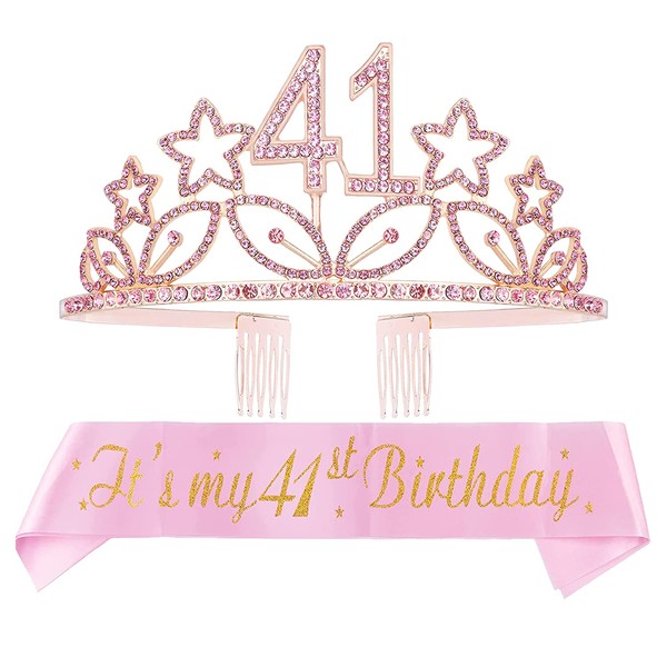 41st Birthday Sash and Tiara for Women - Fabulous Glitter Sash + Stars Rhinestone Pink Premium Metal Tiara for Her, 41st Birthday Gifts for 41 Party