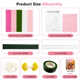 HHSarioneiro 550 Pcs Pipe Cleaner Flower Kit, Pink Complete DIY Flower Bouquet Making Kit, 5 Beautiful Colors, 15 Flower Designs with Step-by-Step Video Tutorials, for Teen Girls and Craft Lovers