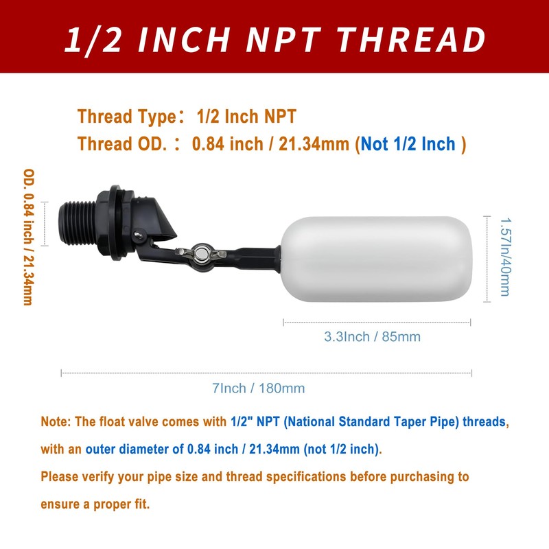 6 Pack Float Ball Valve, 1/2 Inch NPT Thread, OD.