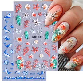 Summer Ocean Nail Art Stickers - Shell Starfish Seaweeds Design 3D Self Adhesive Nail Stickers Acrylic Whale Nail Decals Accessories Nail Art Supplies for Women DIY Decorations 2 Sheets