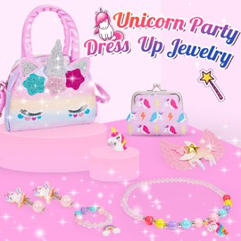 Adeokay Einhorn Geschenke für Mädchen, Geschenke Mädchen 2 3 4 5 6 Jahre, Spielzeug ab 2 Jahre Mädchen, Einhorn Handtasche Schmuckset für Mädchen, Kinderschmuck Geburtstagsgeschenk Mädchen 2-6 Jahre