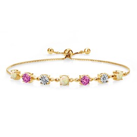 Gem Stone King 2.01 Ct Round Cabochon White Ethiopian Opal Pink Created Sapphire 18K Yellow Gold Plated Silver Lab Grown Diamond Tennis Bracelet For Women (Fully Adjustable Up to 9 Inch)