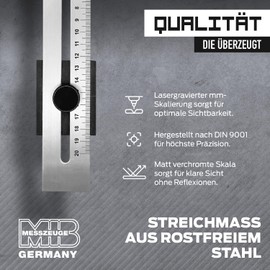 MIB Marking Gauge Made of Stainless Steel, 200 mm, DIN 9001, Scribing Tool for Carpenters and Craftsmen, Ruler, Ergonomic Locking Screw, Scale Matt Chrome-Plated and Laser Engraved