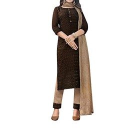 ladyline Vestido de mujer bordado de seda con pantalones bordados y lentejuelas Dupatta bordado (juego de 3 piezas) (MASC1050), Café (2), Mediano