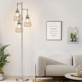 Dimmable Floor Lamp, 3 x 800LM LED Edison Bulbs Included, Farmhouse Industrial Floor Lamp Standing Tree Lamp with Elegant Cage Tall Lamps for Living Room Bedroom Office - Silver