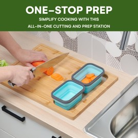 Happylivery Bamboo Cutting Board - Includes 2 Collapsible Containers - Solid Dural Bamboo - Space Saving with Non-Slip Feet - Rectangular Shape - Ideal for Vegetables
