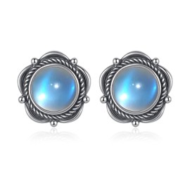 Moonstone Earrings Sterling Silver Natural Stone Real Moonstone Retro Flower Stud Earrings Jewellery Gifts for Women Daughter Friends, Sterling Silver, Moonstone