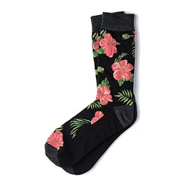 Men's Tropical Island Hibiscus Floral Flowers Crew Dress Socks (Black)
