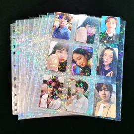 SpireHues Pack of 30 Photo Album Refill Pages, 2.6 x 3.5 Inch 9 Pockets, Twinkling Holographic Gemstone Textured Surface 3-Ring Binder Photo Pockets for Kpop Photocards