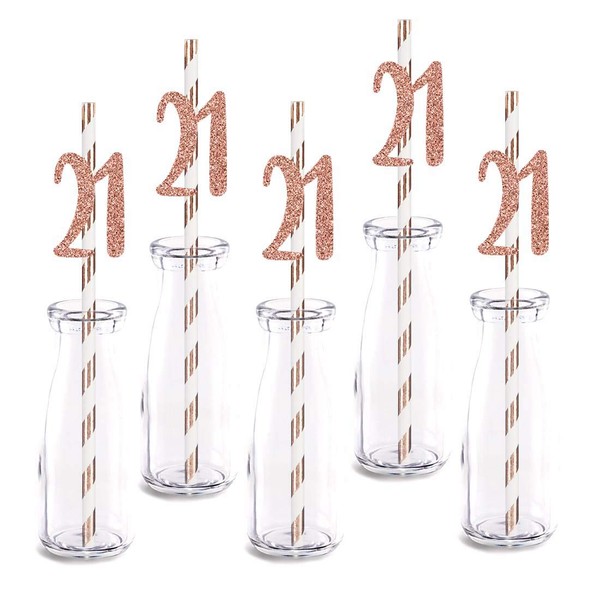 Rose Happy 21st Birthday Straw Decor, Rose Gold Glitter 24pcs Cut-Out Number 21 Party Drinking Decorative Straws, Supplies