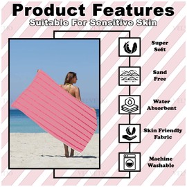 VELVETIO Luxury Sand Free Beach Towels, Extra Large Pin Stripe Towel for Adults, Lightweight Quick Dry Lining Towel Ideal for Swimming - 100 x 200cm, Pink