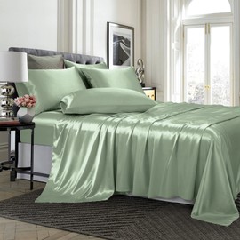 TREELY 6 Piece Satin Sheets Queen Size Silky Smooth Sage Green Satin Sheet Set with Deep Pocket, Satin Fitted Sheet, Flat Sheet, 4 Satin Pillowcase