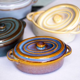 Set Of 4 Oval Reactive Glaze Mini Casserole Dishes 230ml Stoneware Oven Pots With Lids