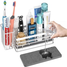FunMacchi Stainless Steel Dish Sponge Holder with Drip Stone & Adjustable Brush Holder, 3-Way Organisation for Sink, Space Saving (White)